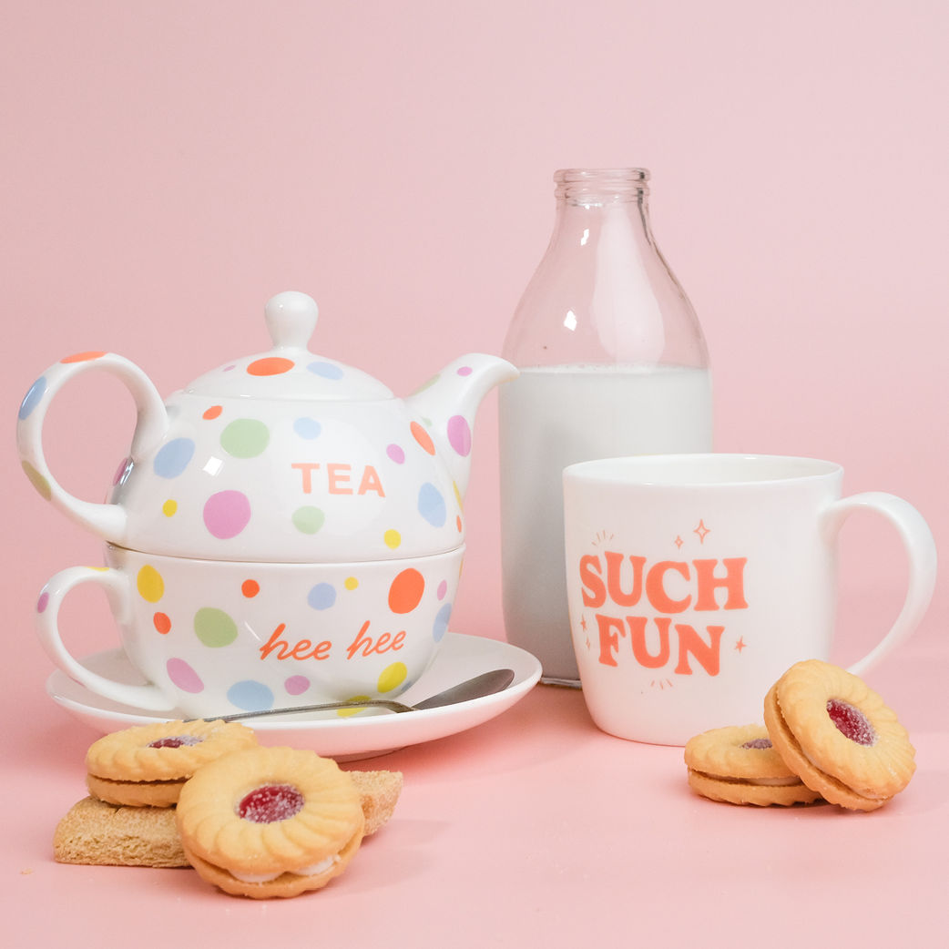 'Tea hee hee' - China Tea Pot, Mug & Saucer Set [Limited Availability]